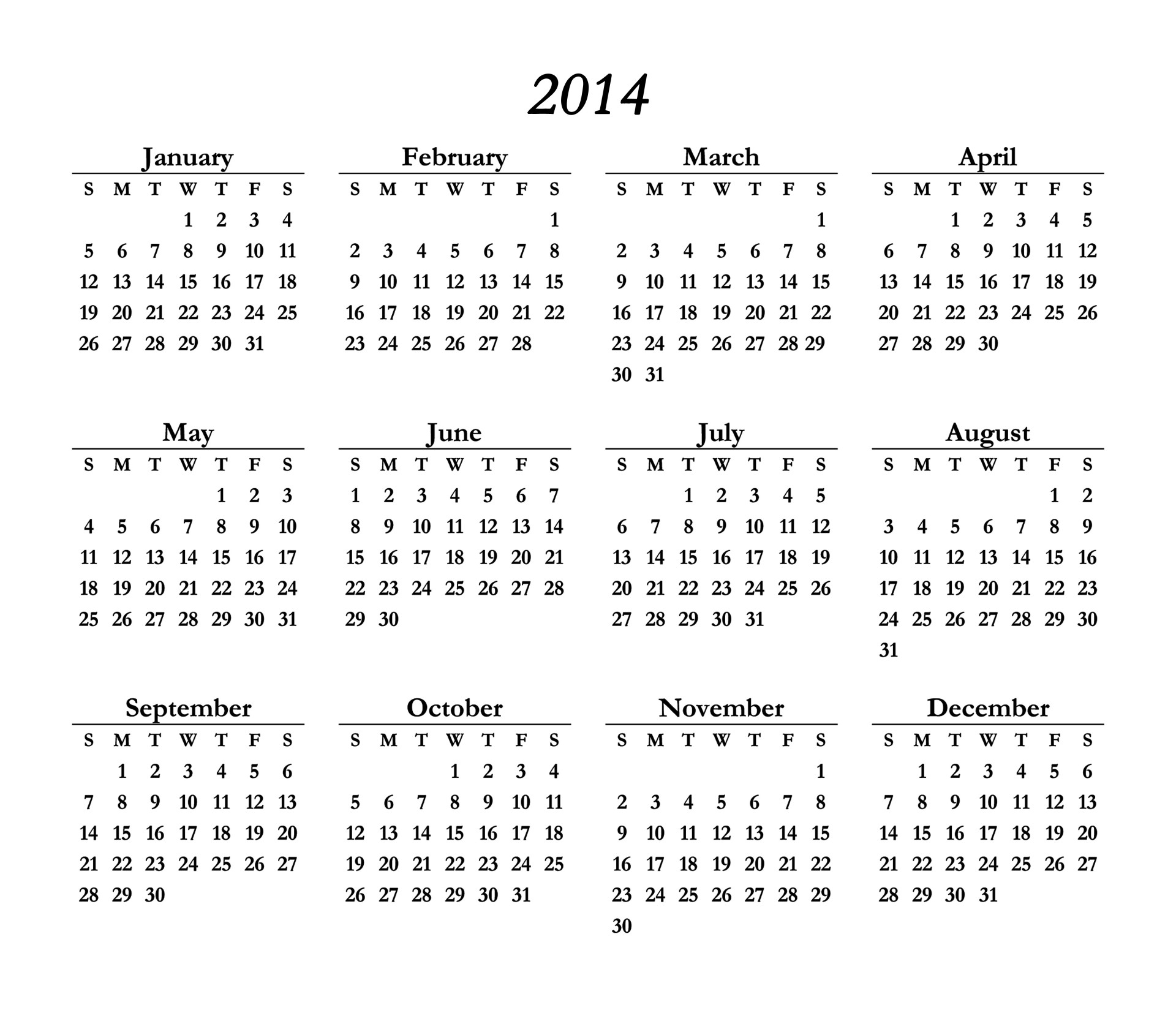 2014 calendar 4 columns free photo