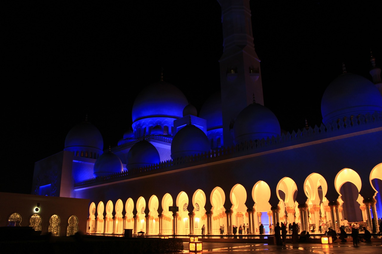 abu dhabi  mosque  lights free photo