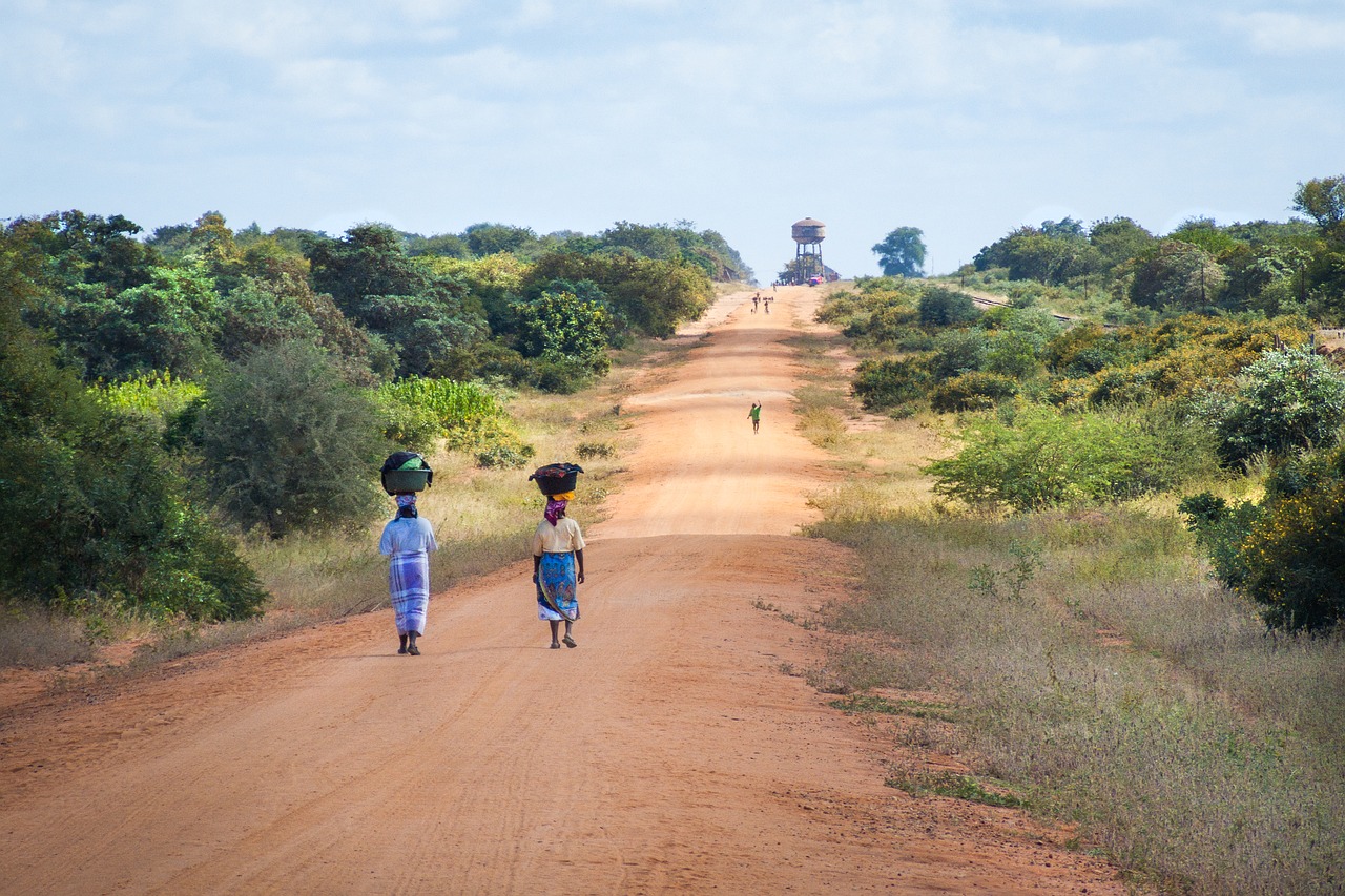 african women walking along road sand road to mapai african scene free photo