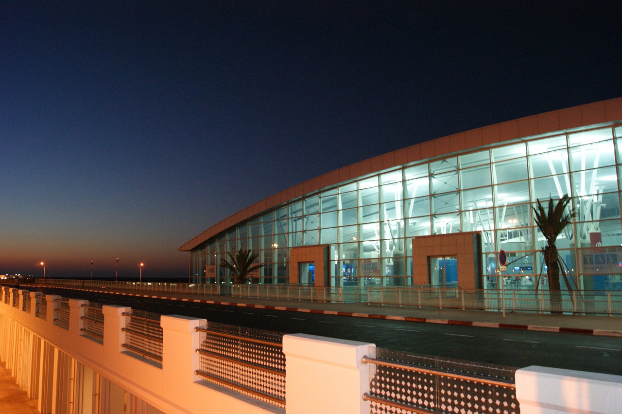 airport tunisia airport at night free photo