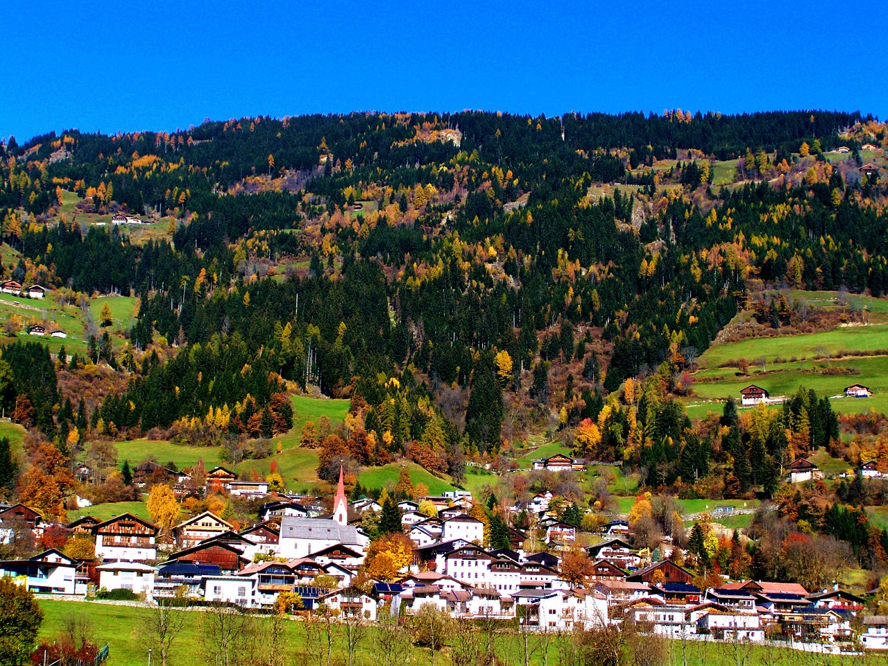 alpine village landscape blue sky free photo