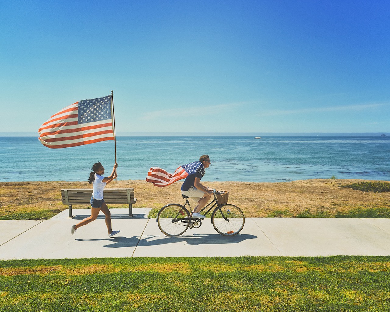 american flags beach bench free photo