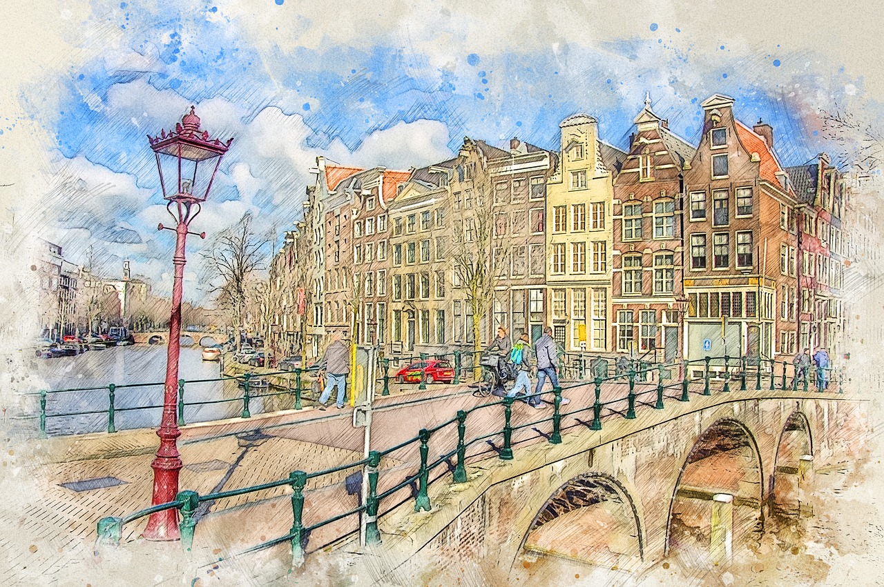 Амстердам акварель старый город