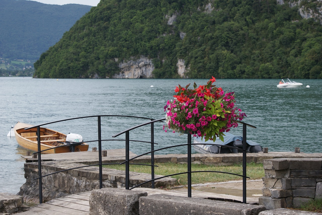 annecy lake boat flower free photo