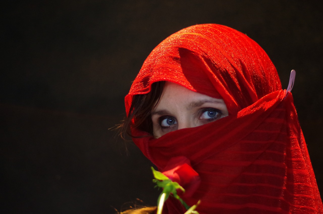 arabian mare red burka black background free photo