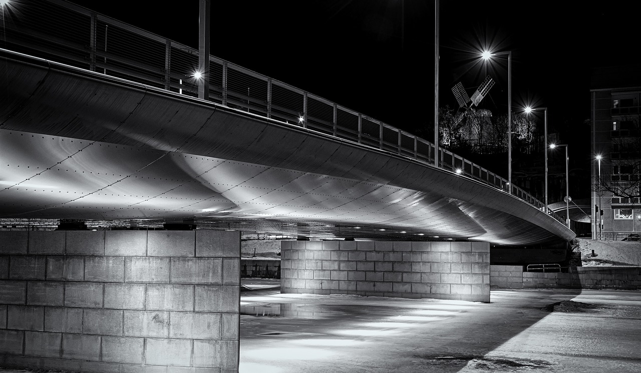 architecture,bridge,built structure,black and white,city,building,travel,urban,river,cityscape,construction,design,sky,road,modern,transportation,night,traffic,transport,town,downtown,scene,europe,overpass,street,evening,steel,metal,iron,light,car,bw,turku,finland,winter,ice,frozen,free pictures, free photos, free images, royalty free, free illustrations, public domain