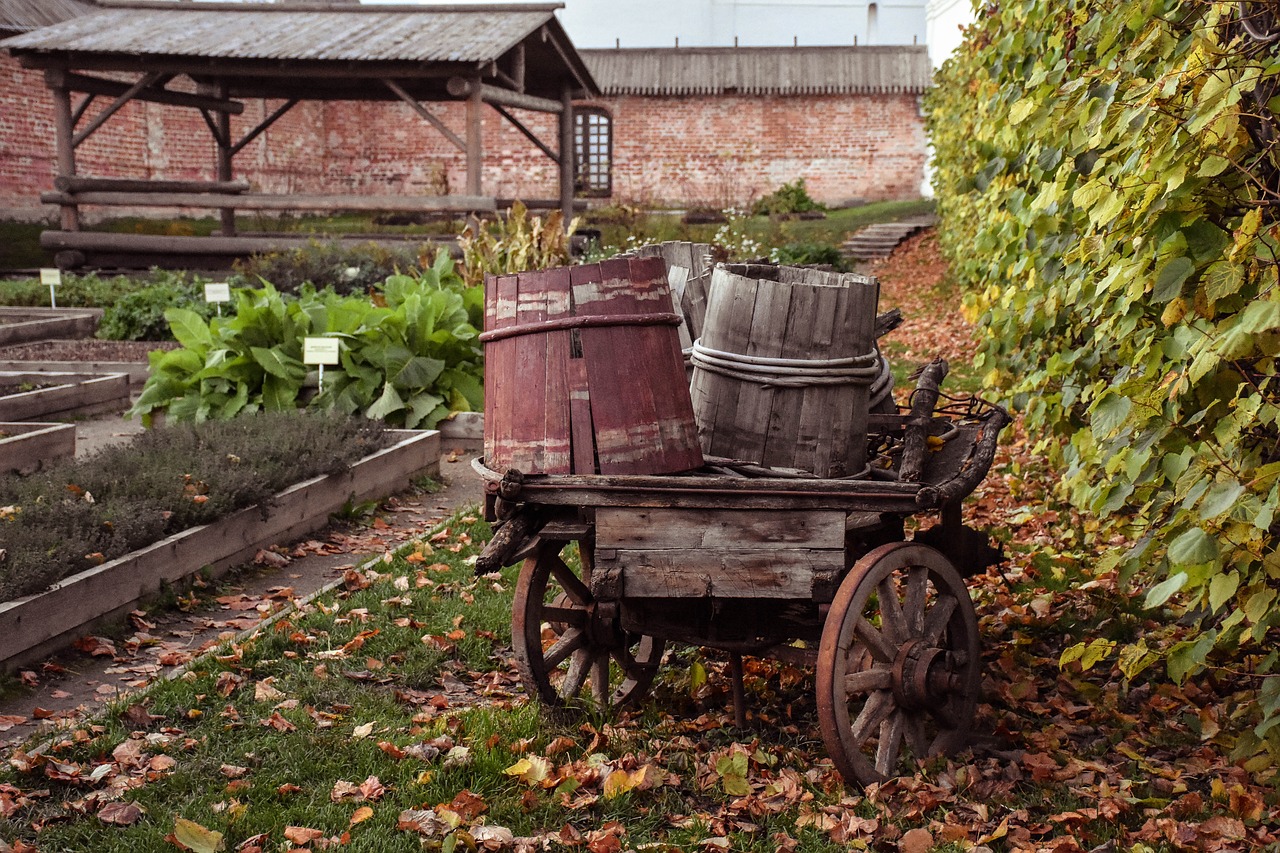 autumn barrels cart free photo