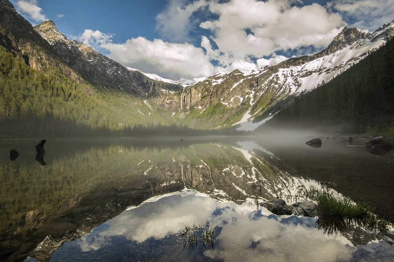 avalanche lake fog bank reflection free photo
