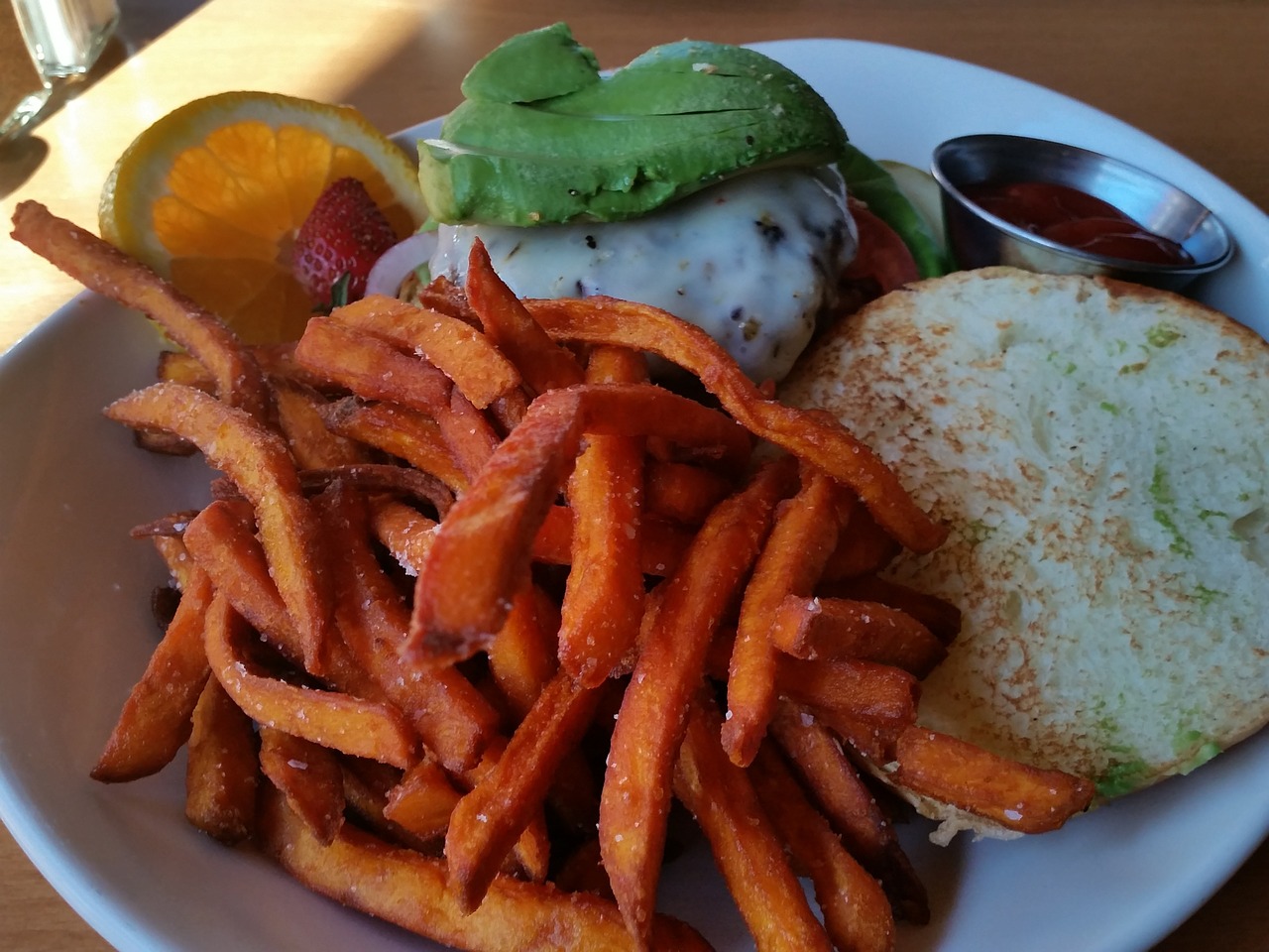 avocado cheeseburger sweet potato fries free photo