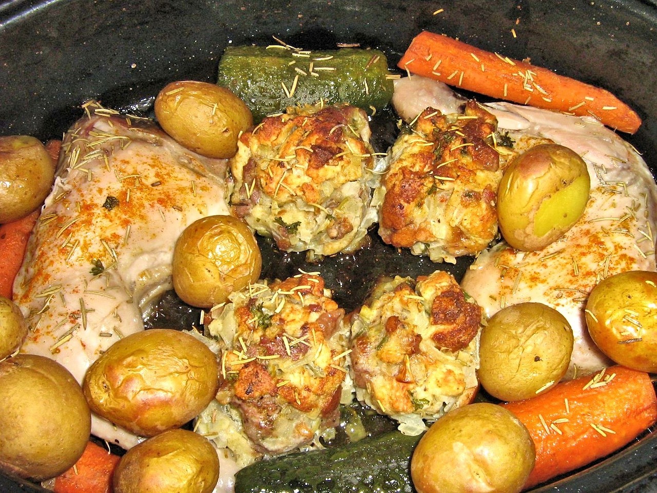 baked chicken potatoes carrots free photo