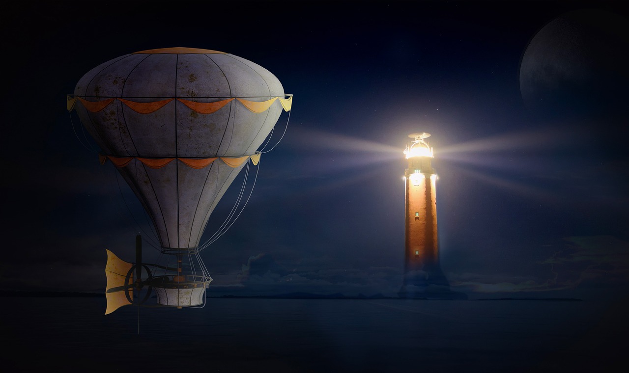 balloon lighthouse night sky free photo