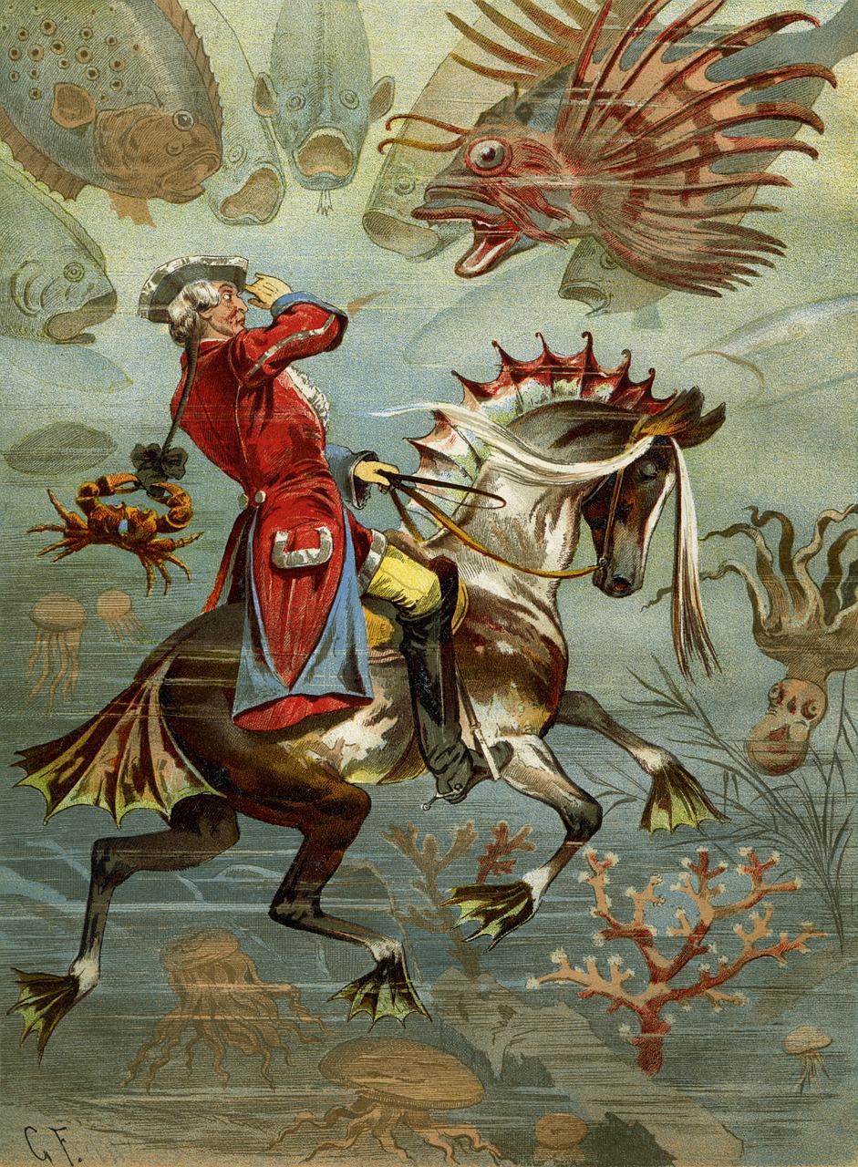 baron munchausen he rode on the seahorse tall tales free photo