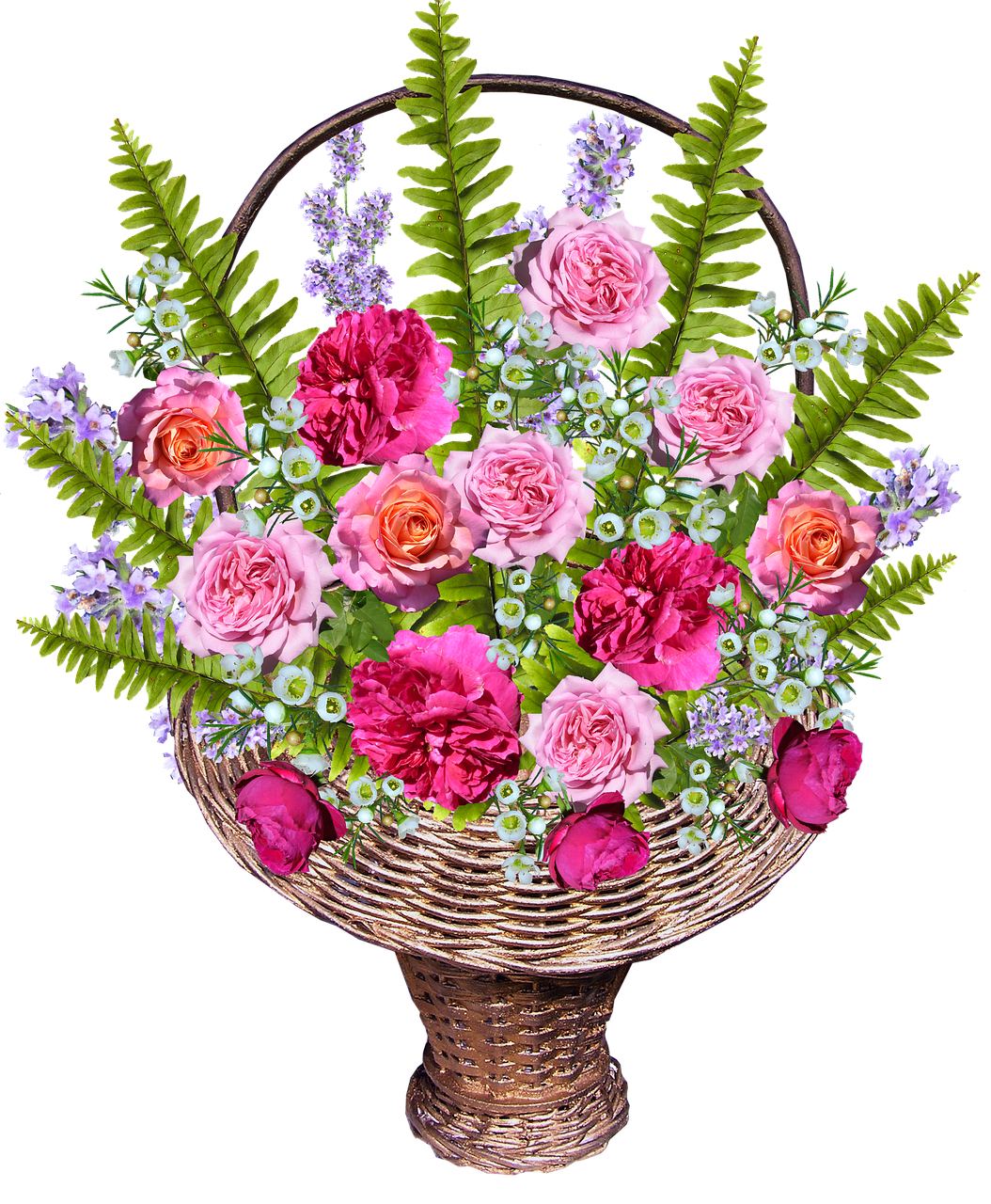 basket with roses ferns free photo