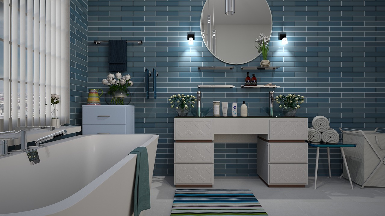 bathroom  blue  tile free photo