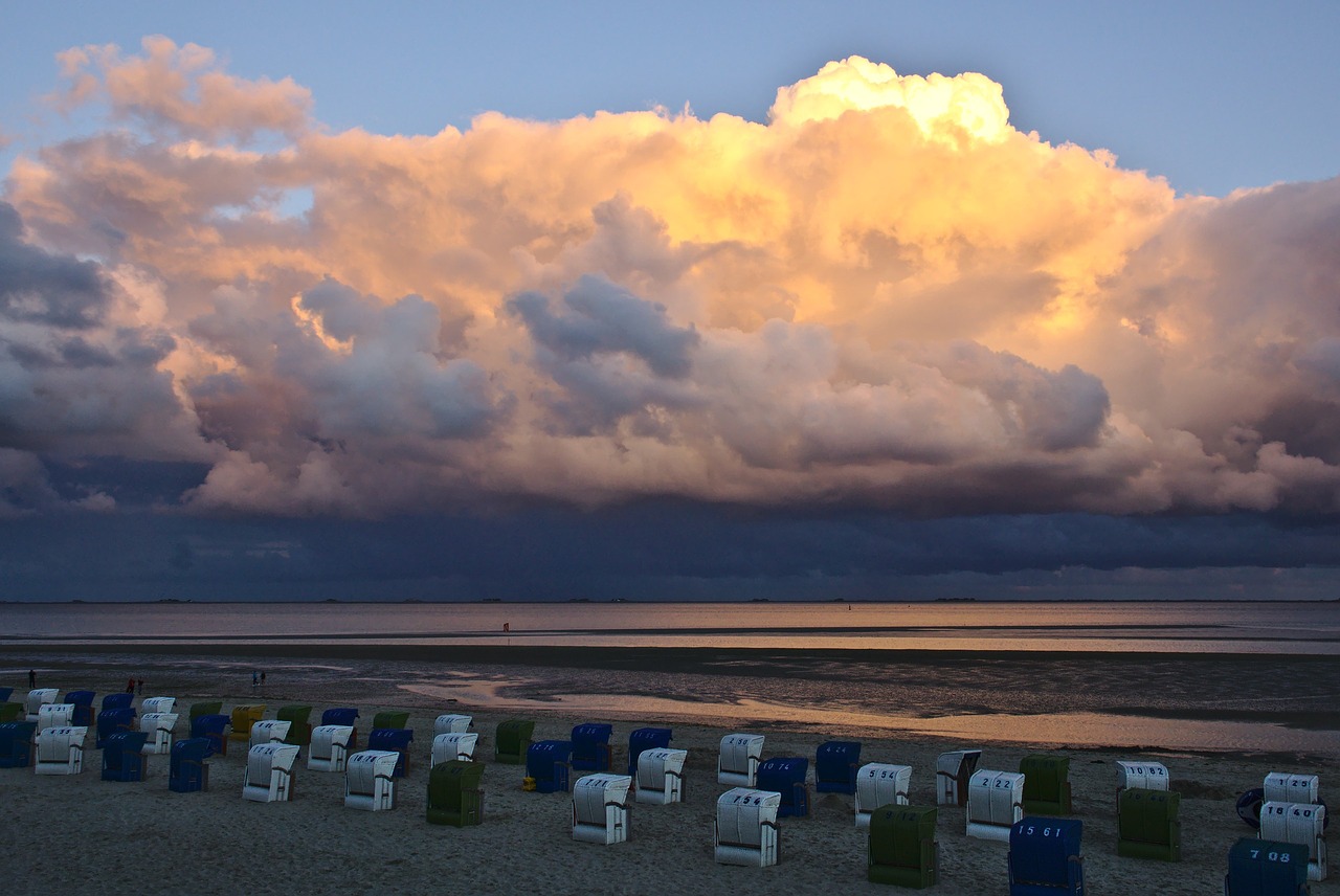 beach chairs sunset sky free photo