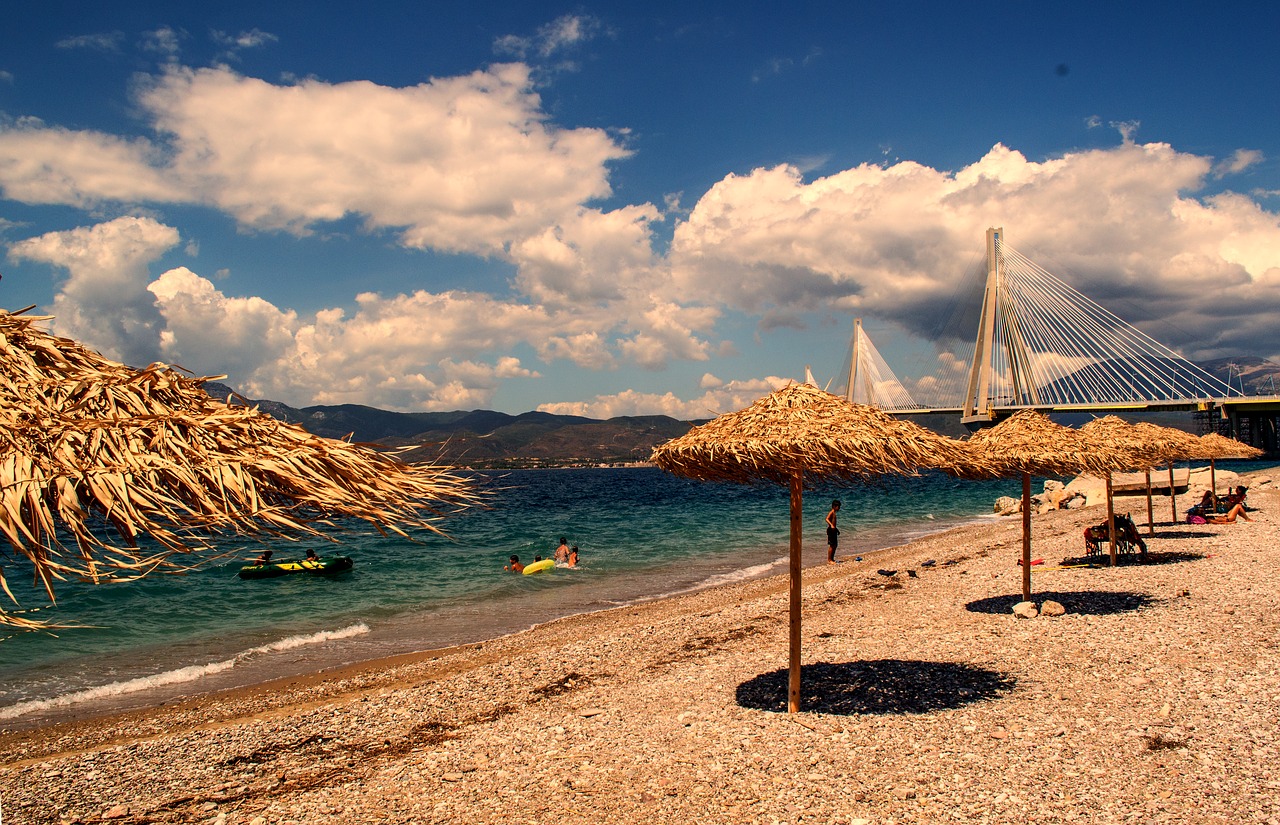 beach landscape beautiful seascape greece patra rio bridge free photo