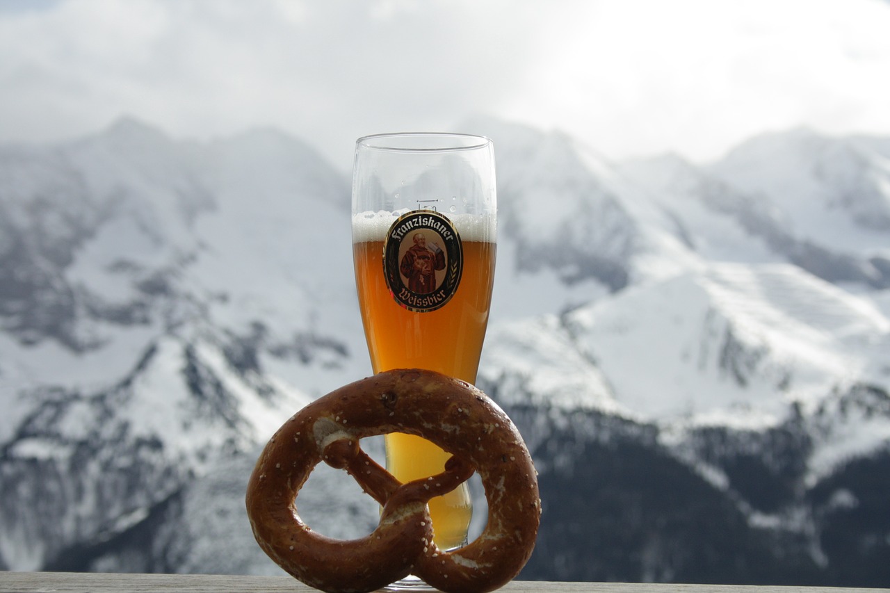 beer pretzel mountains free photo