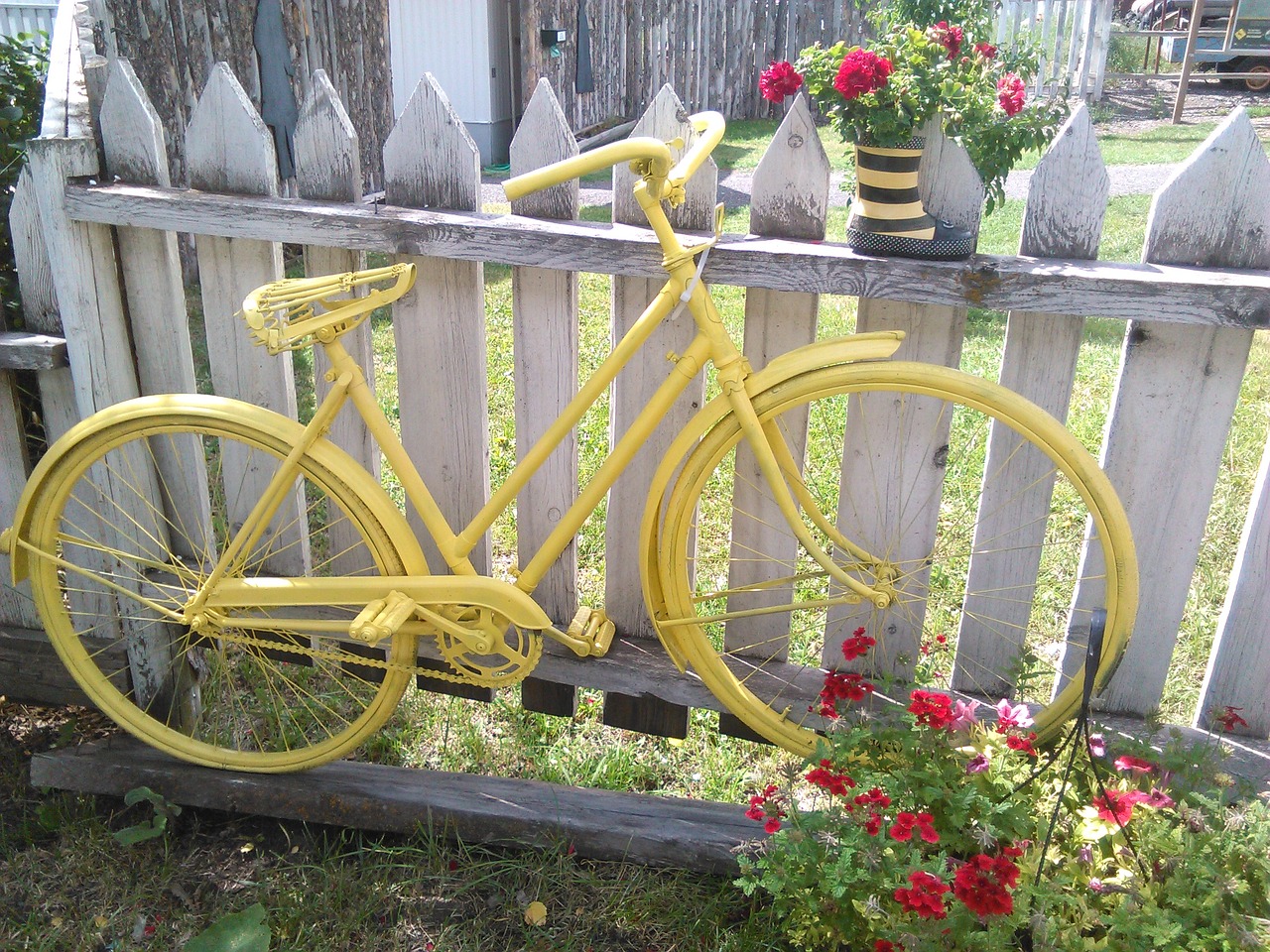 bicycle yellow yard art free photo