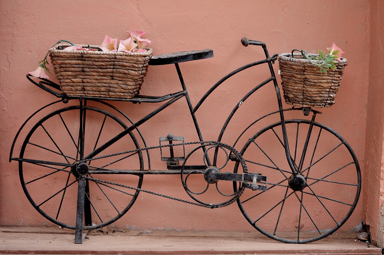 bicycle bicycle with baskets baskets of esparto grass free photo