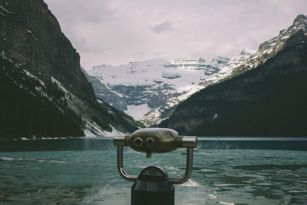 binoculars looking glass mountain lake free photo