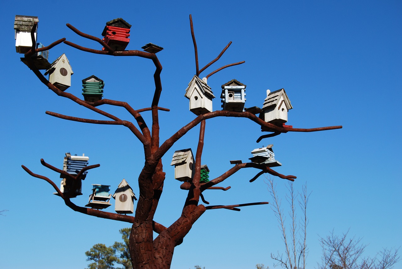 bird houses steel tree sculpture free photo