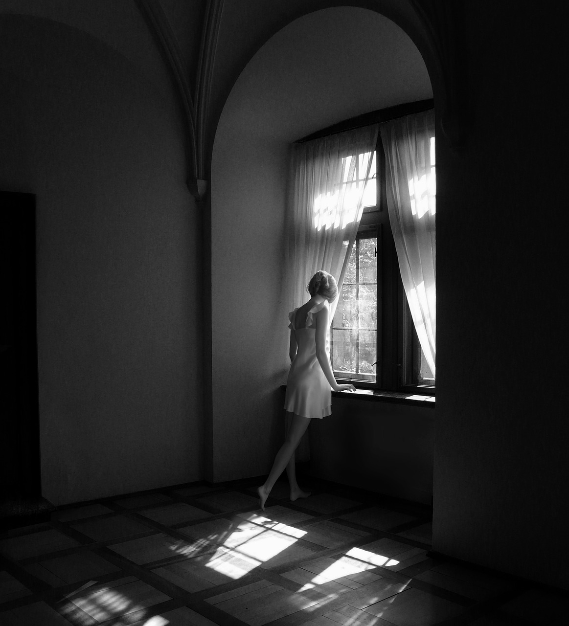 black and white window girl free photo