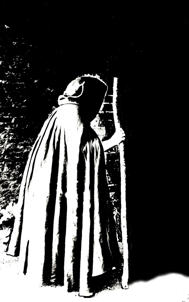 black and white cloaked figure staff free photo