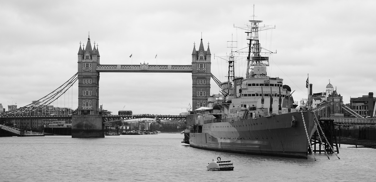 black-and-white warship london free photo