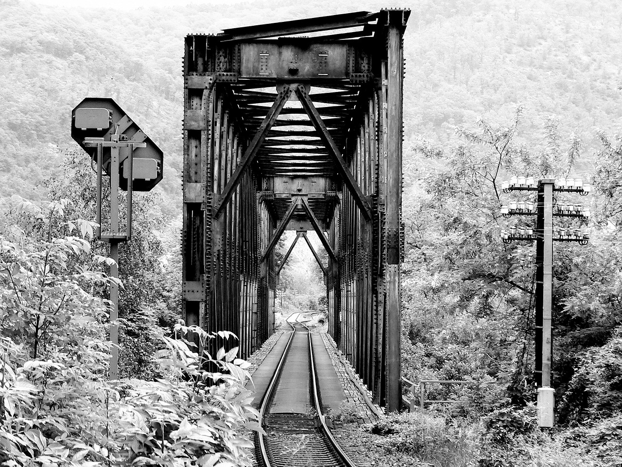 black and white railway bridge railway free photo