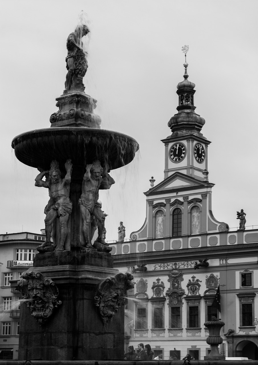 black and white fountain town hall free photo