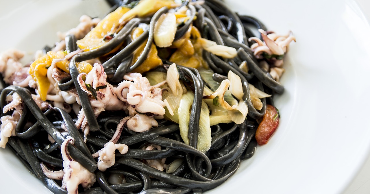 black linguine seafood pasta free photo