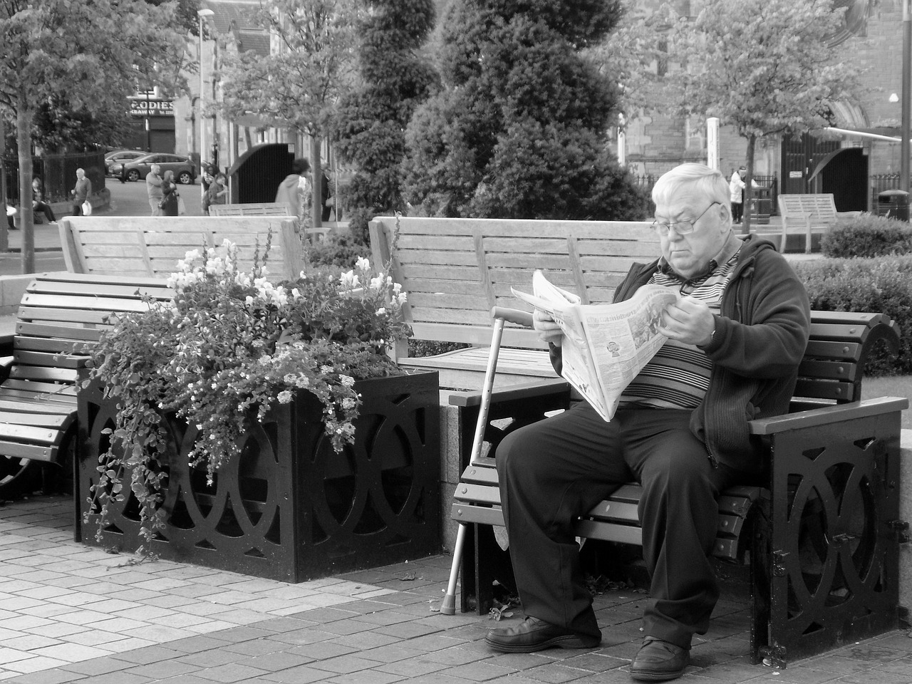 black white man reading park bench free photo