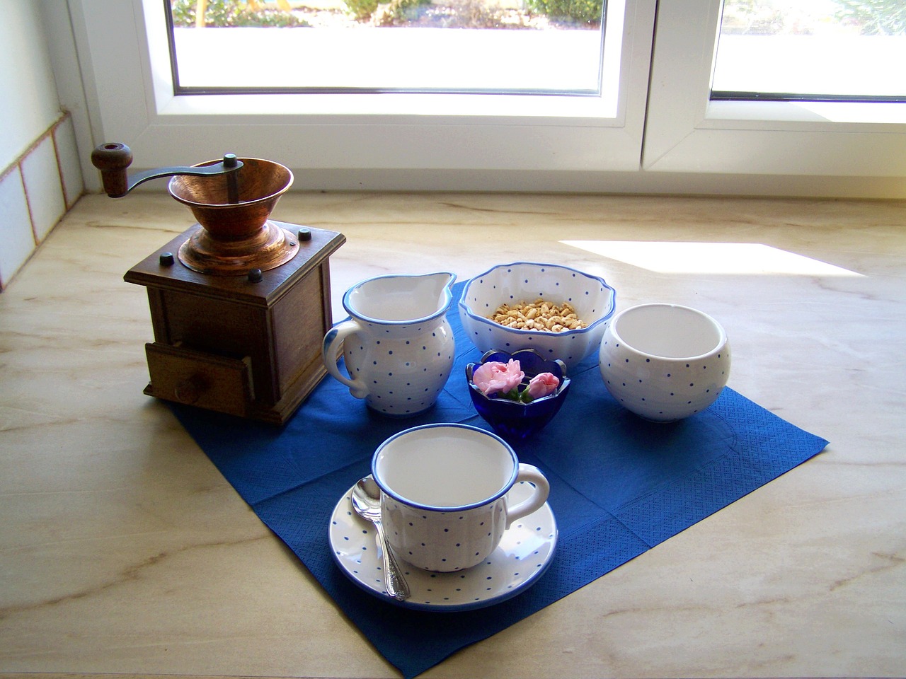 blue-and-white porcelain objects antique coffee grinder still life free photo