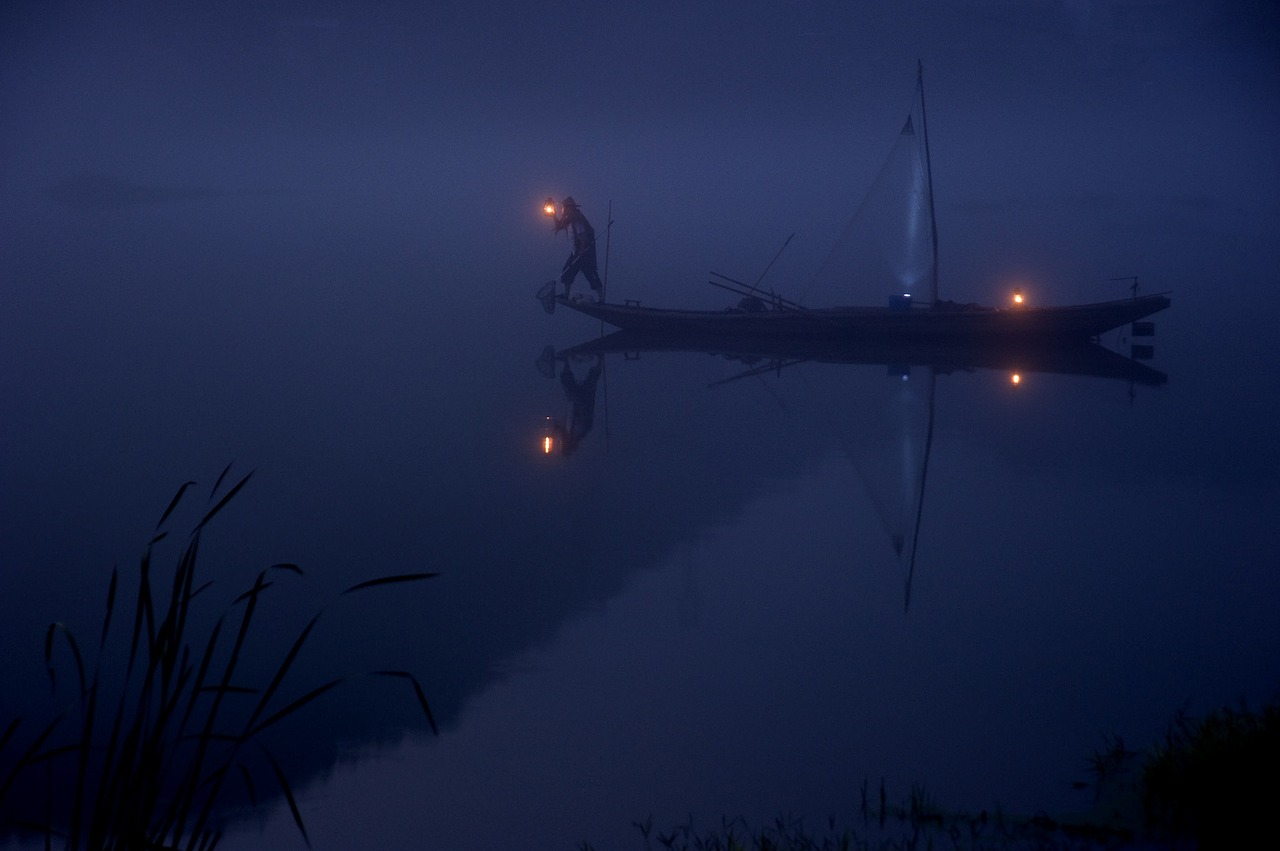 boat fisherman night free photo