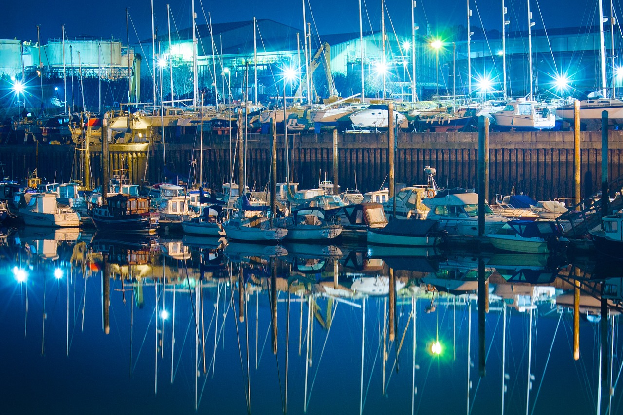 boats reflection night free photo