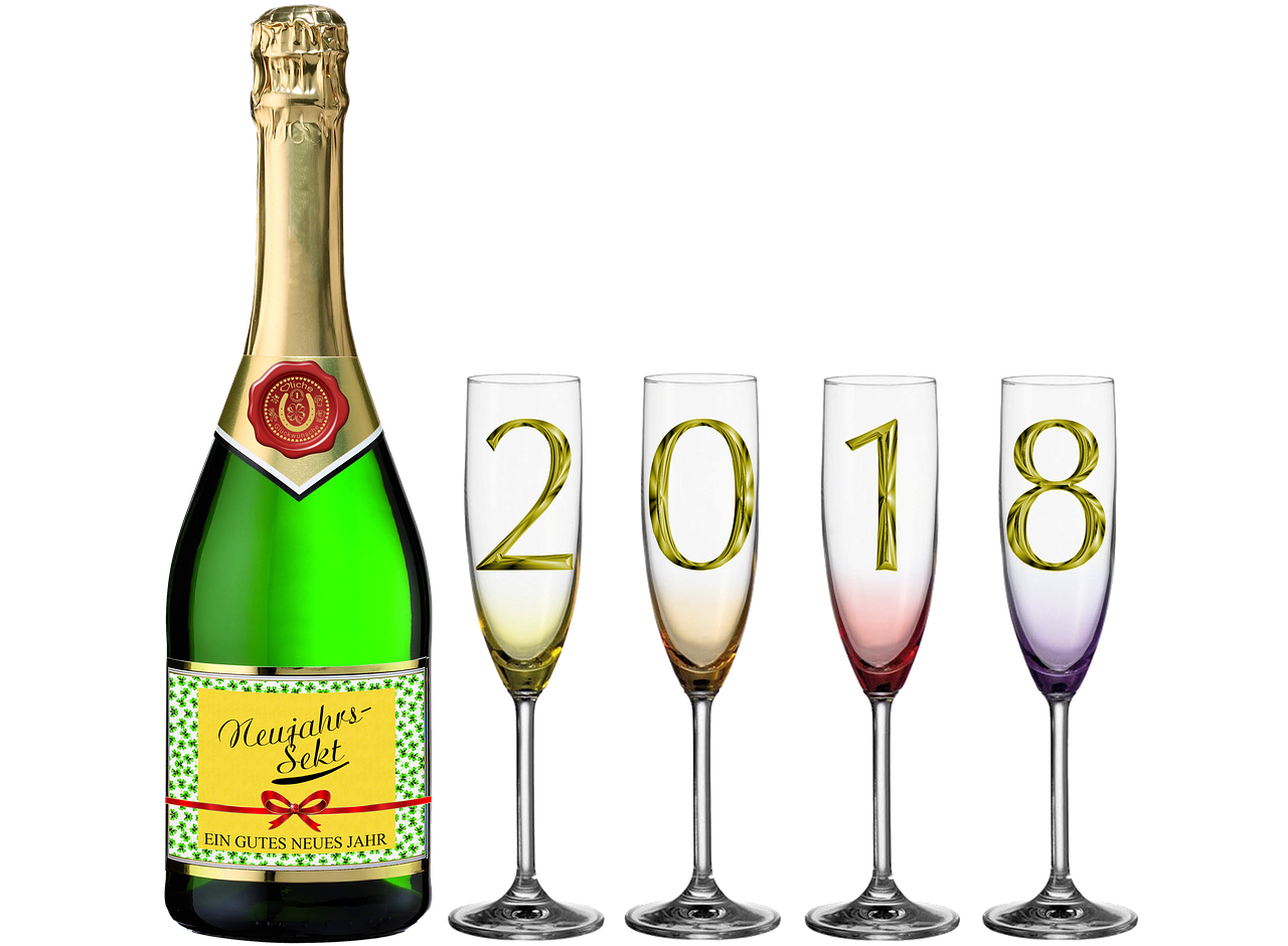 bottle of sparkling wine champagne glasses new year's eve 2018 free photo