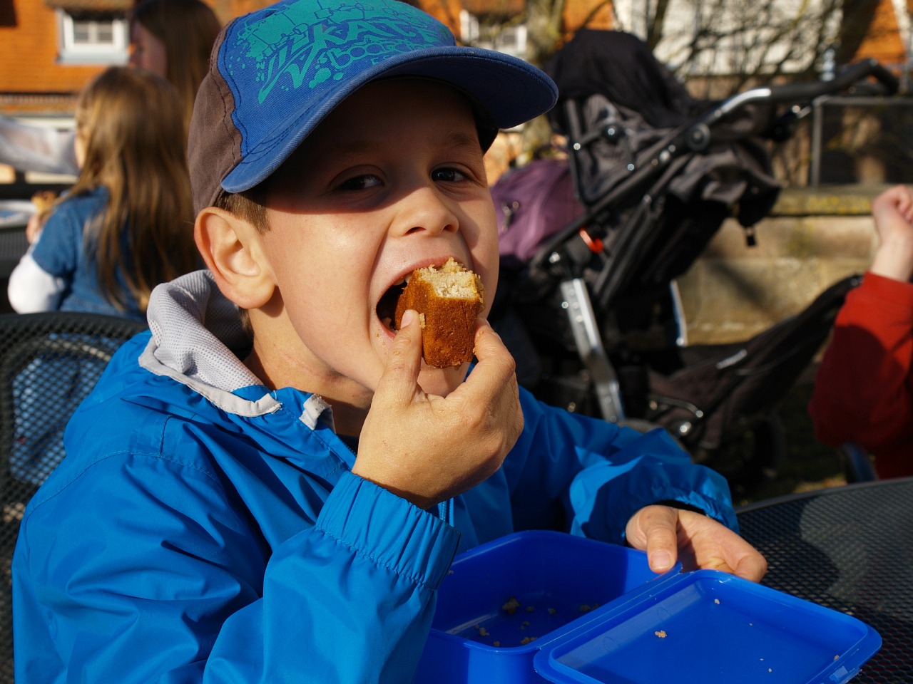 boy eat cake bite off free photo