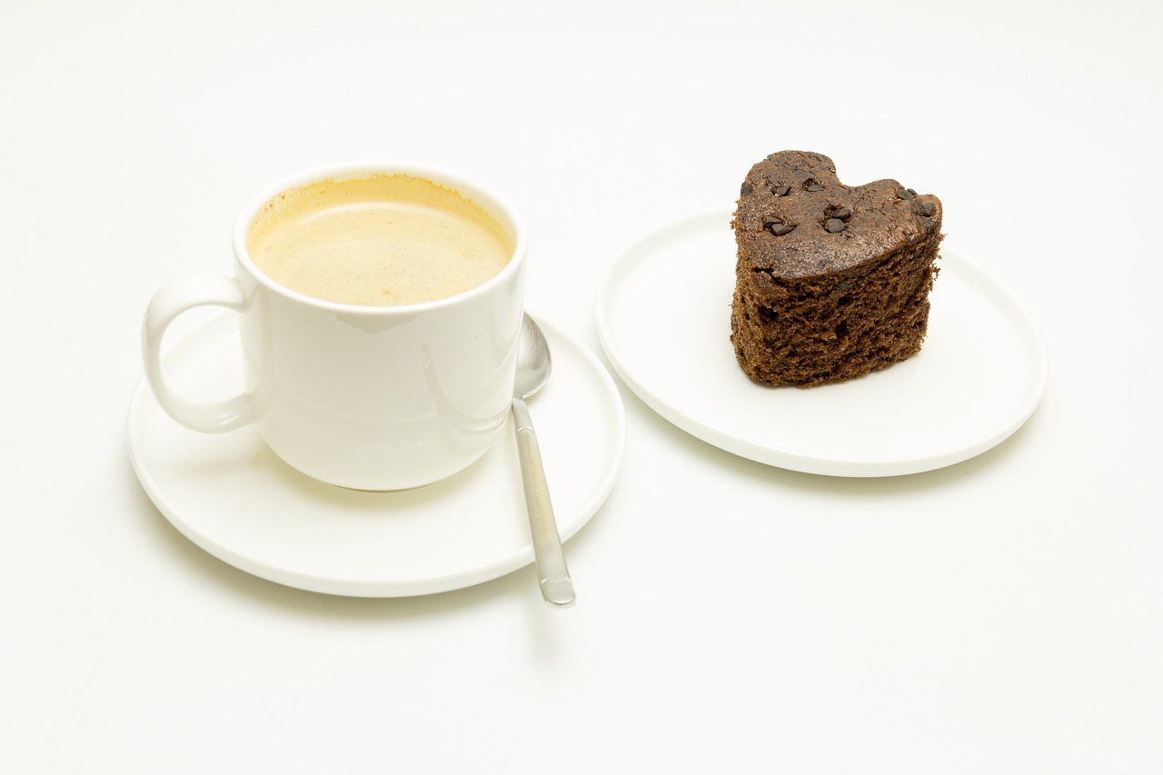 breakfast coffee with milk sponge cake free photo