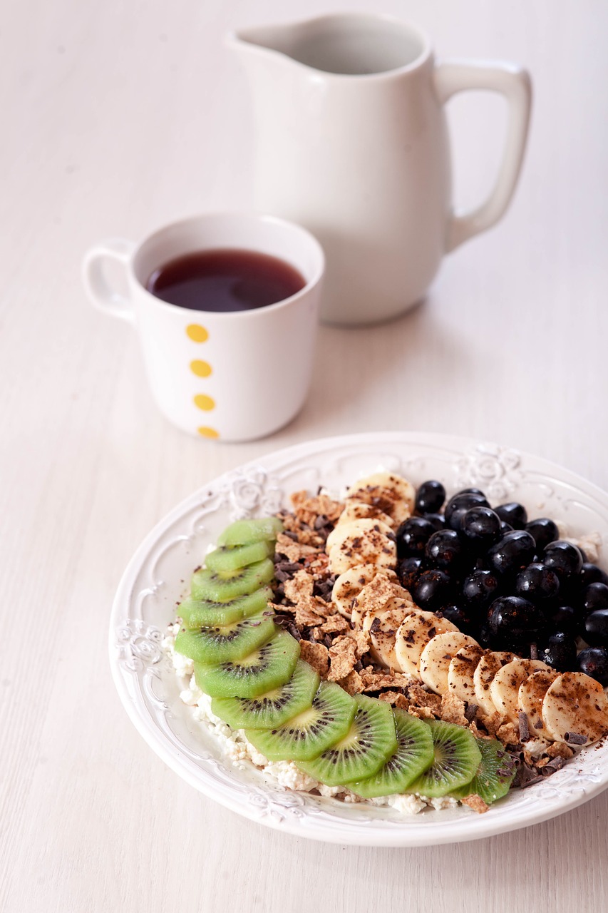breakfast with fruit oatmeal tea free photo