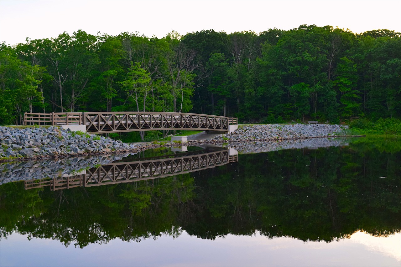 bridge lake sunset free photo