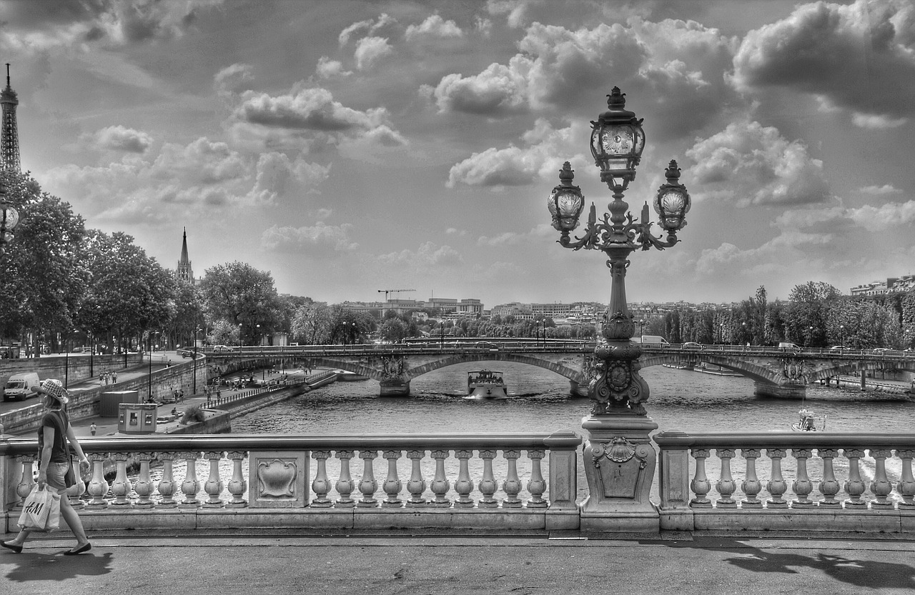Edit free photo of Bridge,black and white,lantern,paris,france ...