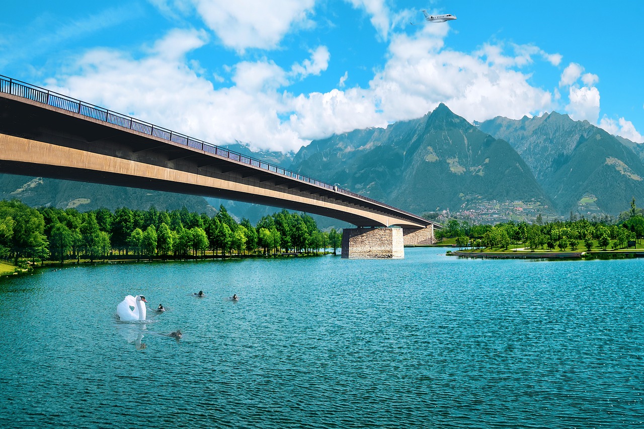 Most lake. Hatta Swan Lake Bridge. Bridge Mountain.