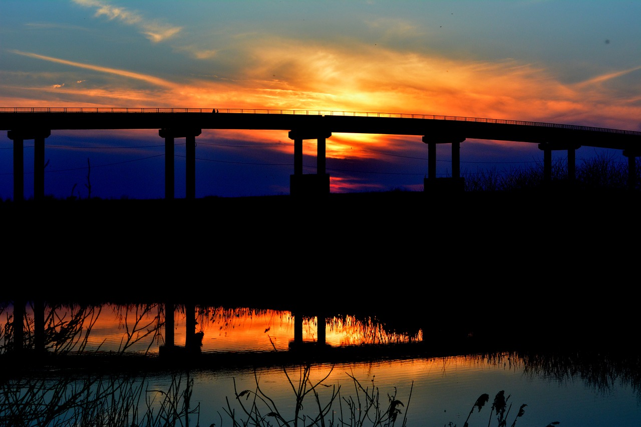 bridge sunset lake free photo