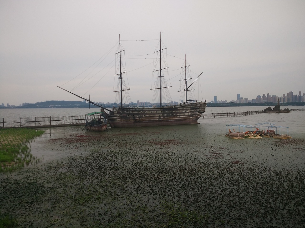 broken boat cloudy day stranded free photo