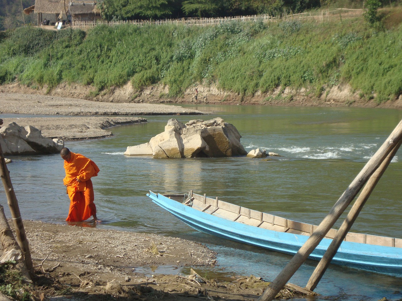 buddhist monk laos river bading free photo