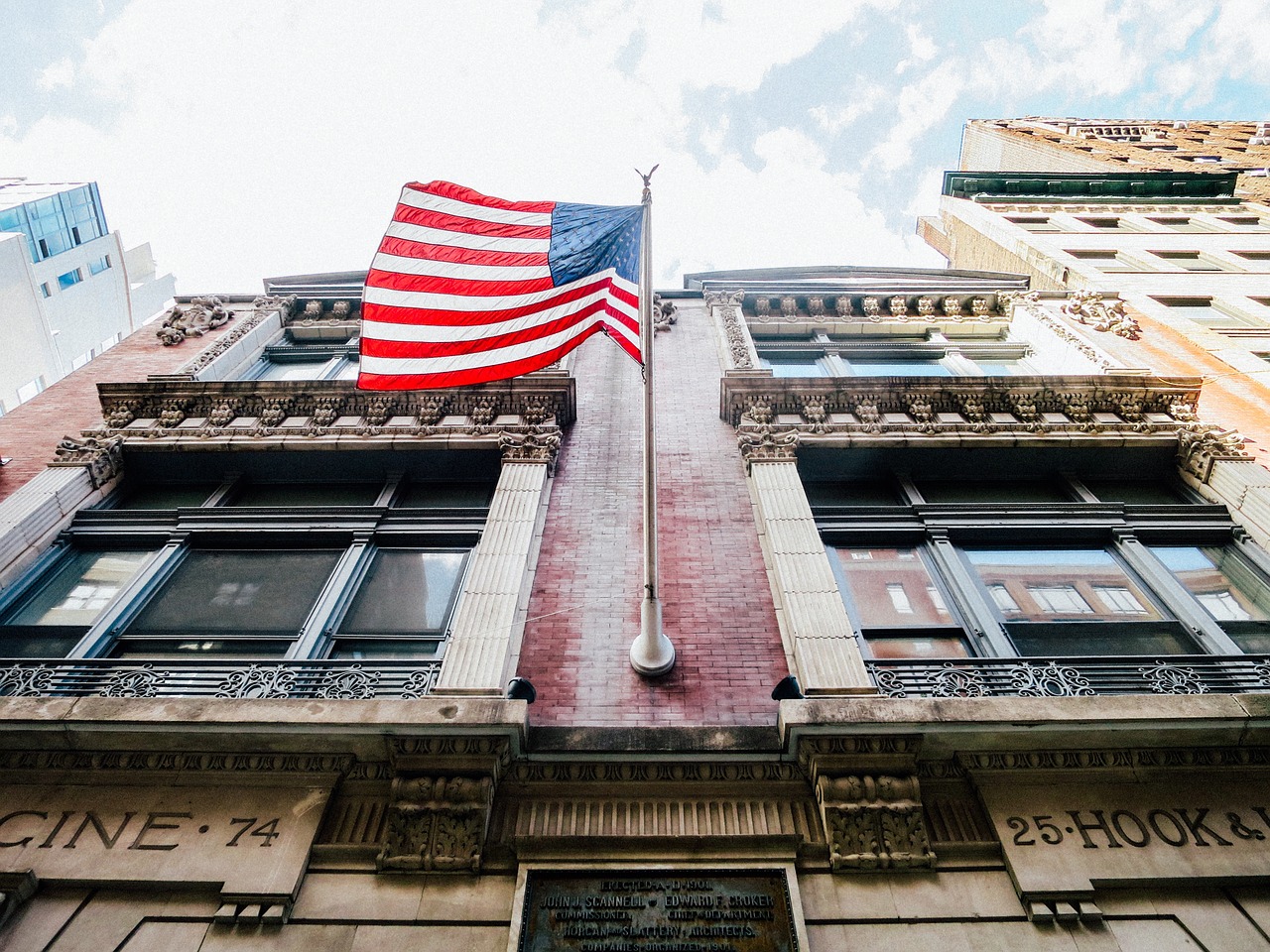 building perspective american flag free photo