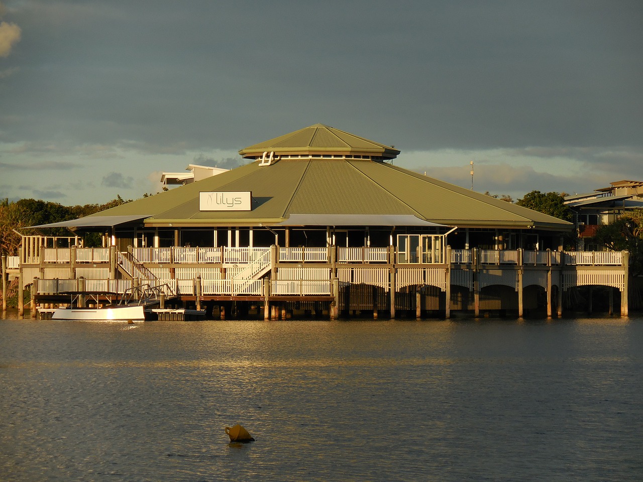 building lake evening free photo