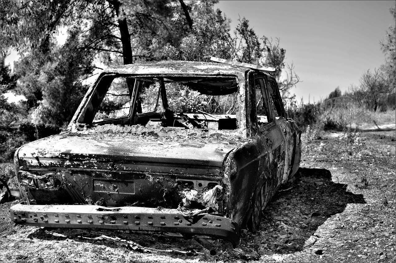 burned-out  car  forest free photo