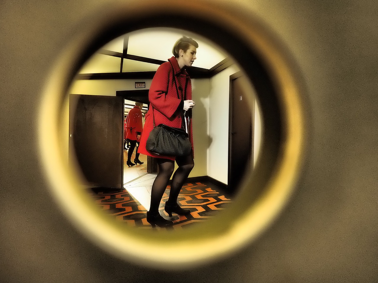 by looking peephole woman free photo