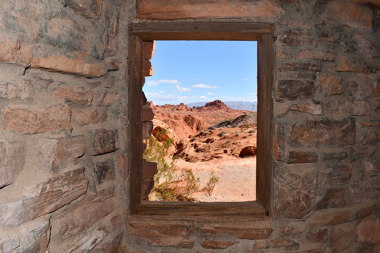 cabins at valley of fire  window view out  mountain view free photo